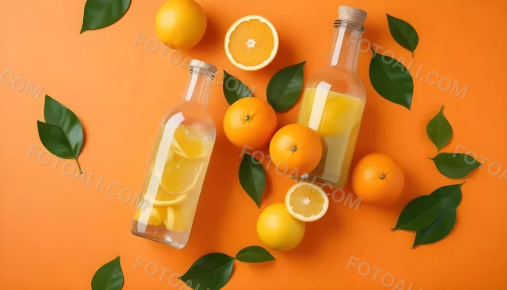 Citrus Fruits Including Oranges Lemons And A Glass Bottle With A Liquid Surrounded By Green Leaves 7 539a