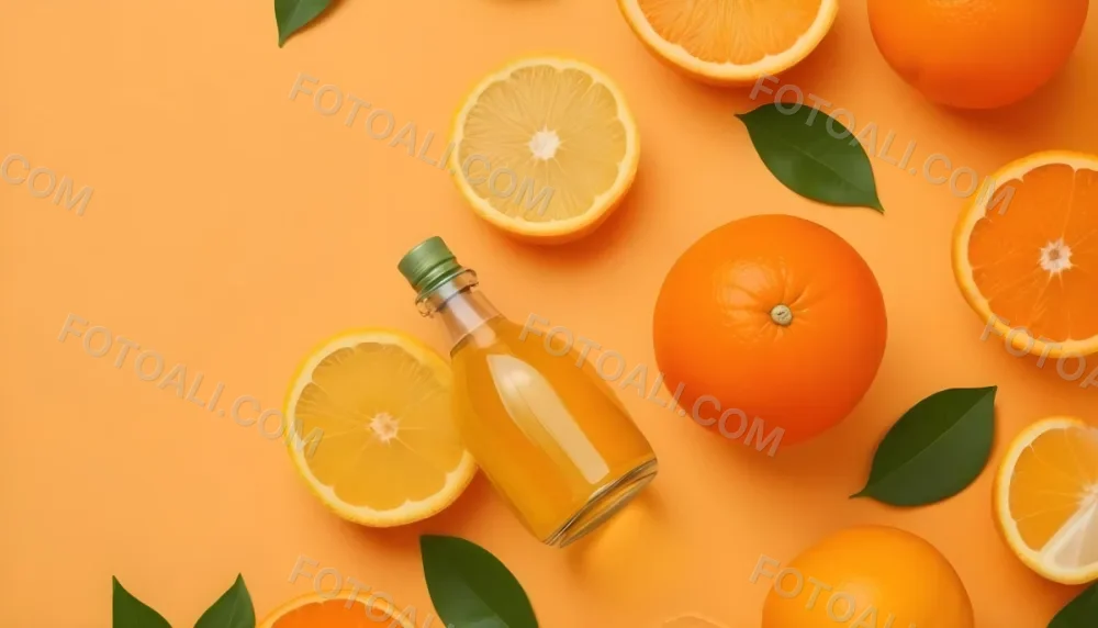 Citrus Fruits Including Oranges Lemons And A Glass Bottle With A Liquid Surrounded By Green Leaves 8 Ae7c