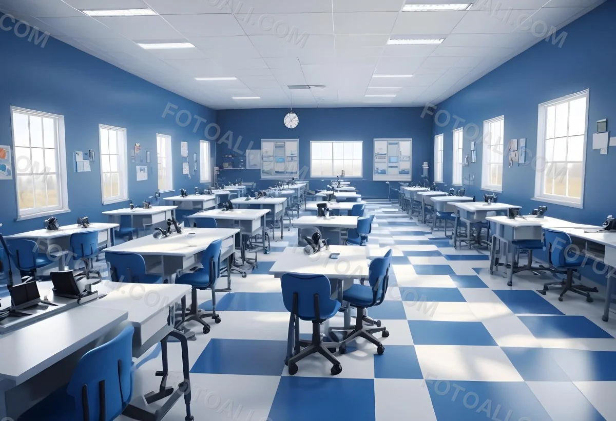 Classroom With Rows Of Blue And White Desks Each Equipped With A Microscope Arranged Neatly In A Bright Modern Classroom With Blue Walls And Tiled Flooring 1 7735
