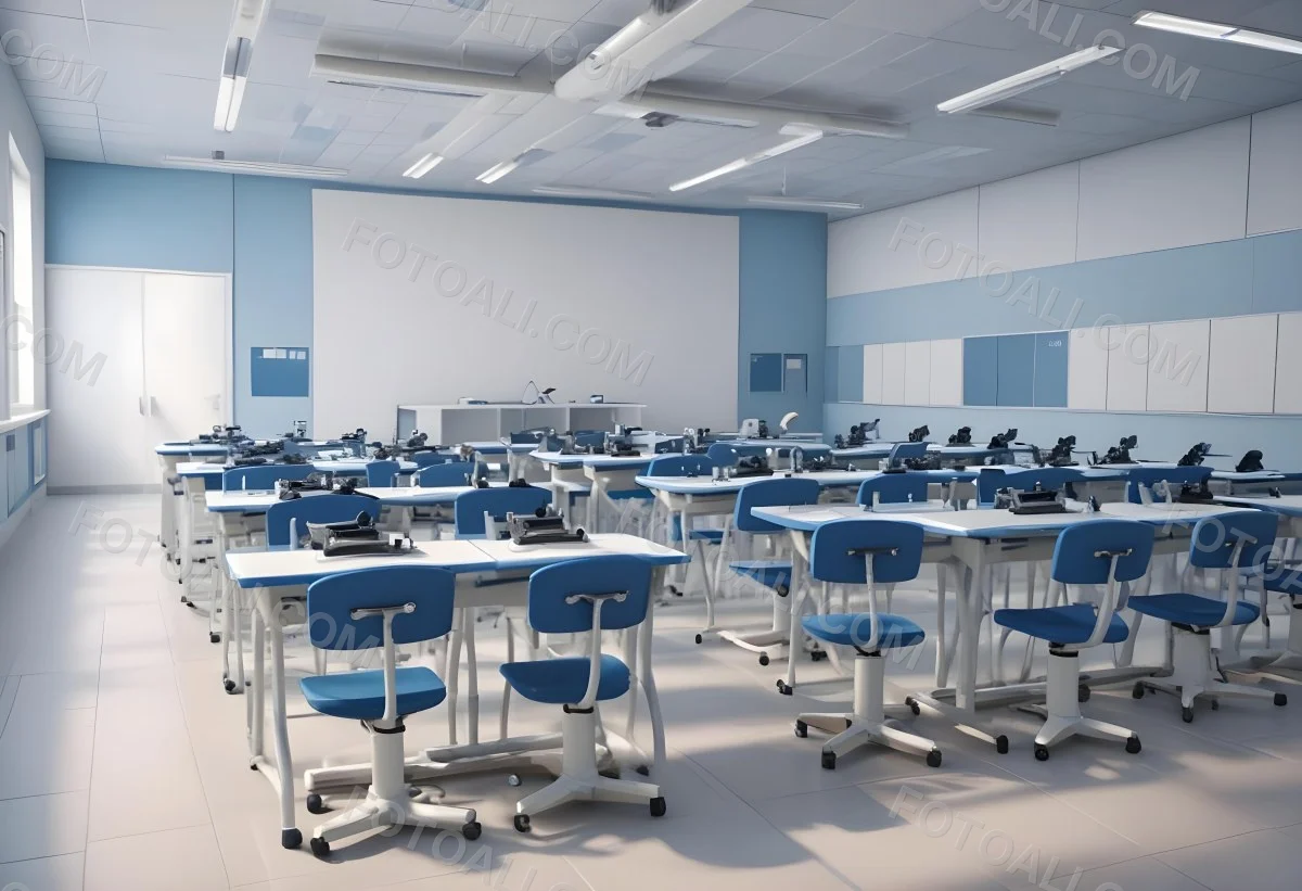 Classroom With Rows Of Blue And White Desks Each Equipped With A Microscope Arranged Neatly In A Bright Modern Classroom With Blue Walls And Tiled Flooring 18 B4fd