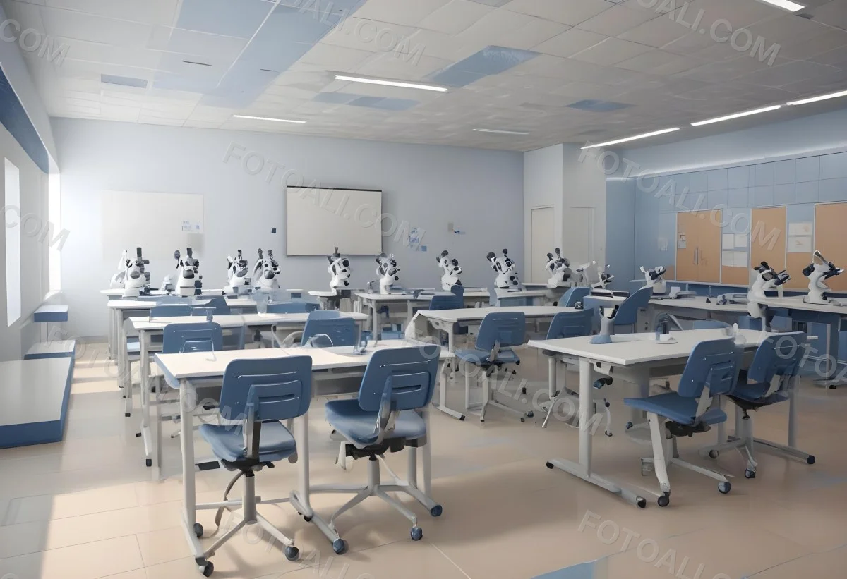Classroom With Rows Of Blue And White Desks Each Equipped With A Microscope Arranged Neatly In A Bright Modern Classroom With Blue Walls And Tiled Flooring 27 E731
