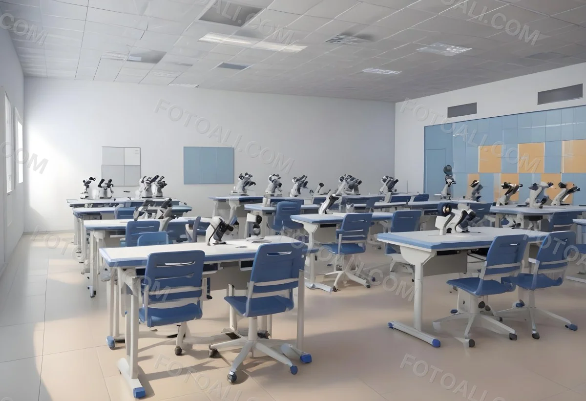Classroom With Rows Of Blue And White Desks Each Equipped With A Microscope Arranged Neatly In A Bright Modern Classroom With Blue Walls And Tiled Flooring 28 8581