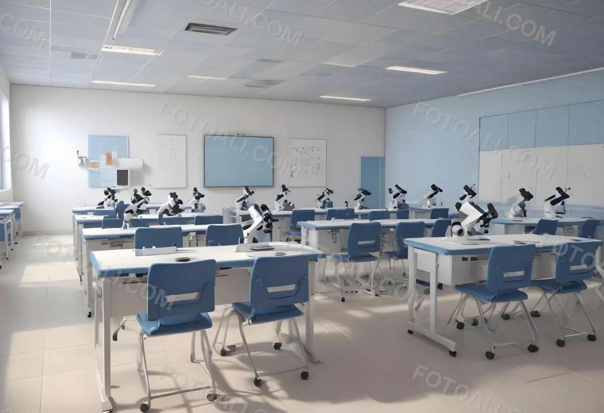 Classroom With Rows Of Blue And White Desks Each Equipped With A Microscope Arranged Neatly In A Bright Modern Classroom With Blue Walls And Tiled Flooring 30 0fc4