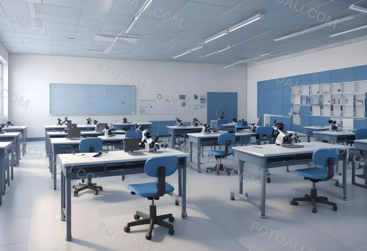 Classroom With Rows Of Blue And White Desks Each Equipped With A Microscope Arranged Neatly In A Bright Modern Classroom With Blue Walls And Tiled Flooring 31 64ac