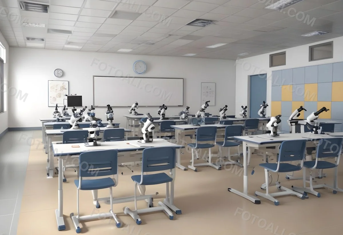 Classroom With Rows Of Blue And White Desks Each Equipped With A Microscope Arranged Neatly In A Bright Modern Classroom With Blue Walls And Tiled Flooring 32 98b2