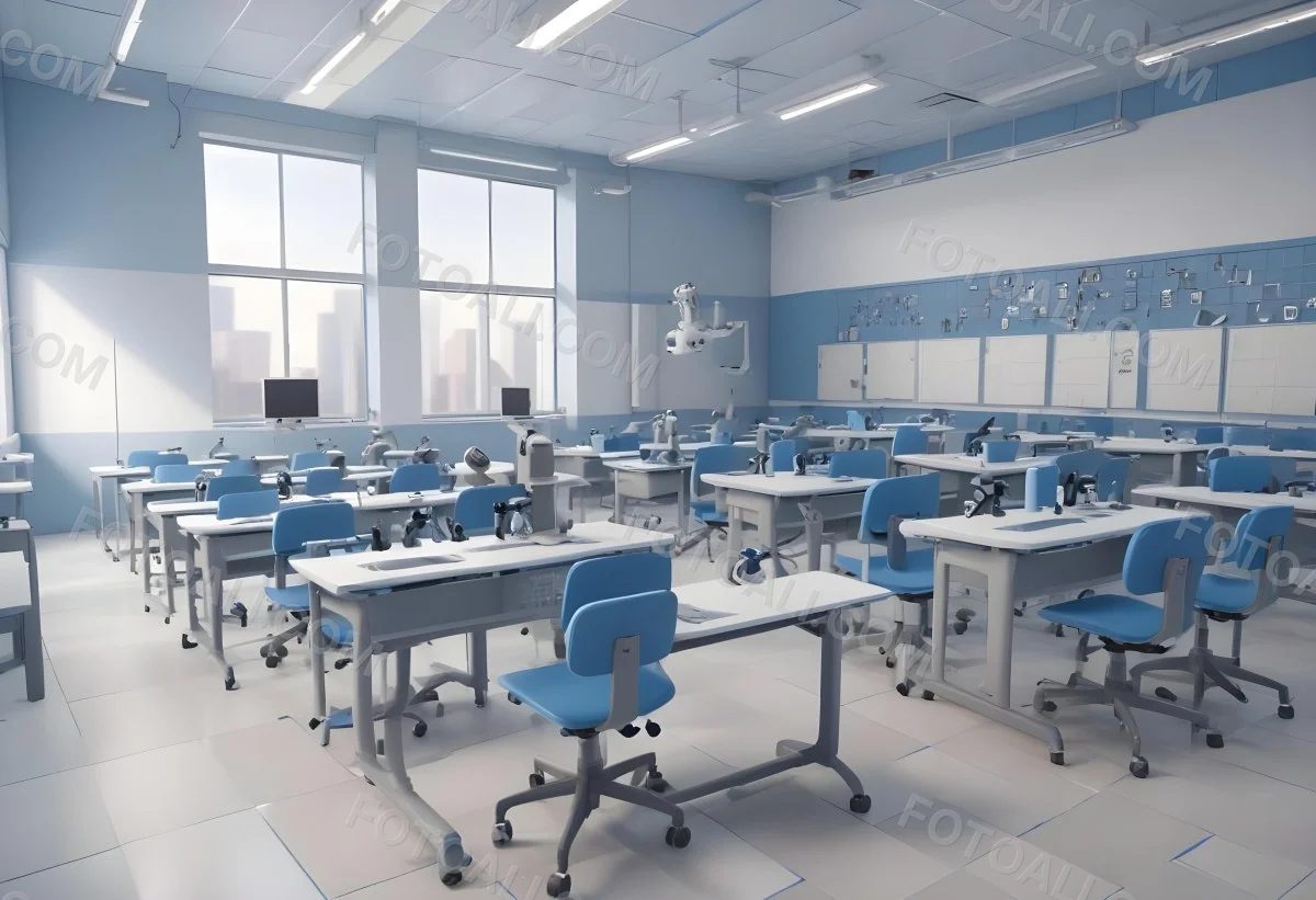 Classroom With Rows Of Blue And White Desks Each Equipped With A Microscope Arranged Neatly In A Bright Modern Classroom With Blue Walls And Tiled Flooring 34 37aa