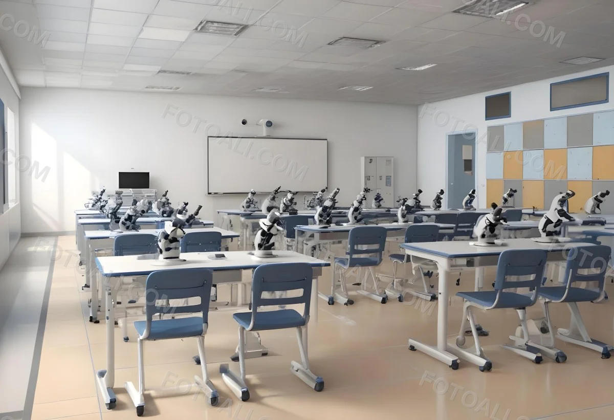 Classroom With Rows Of Blue And White Desks Each Equipped With A Microscope Arranged Neatly In A Bright Modern Classroom With Blue Walls And Tiled Flooring 35 38f9