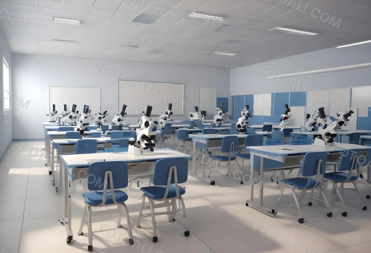 Classroom With Rows Of Blue And White Desks Each Equipped With A Microscope Arranged Neatly In A Bright Modern Classroom With Blue Walls And Tiled Flooring 36 8dc5