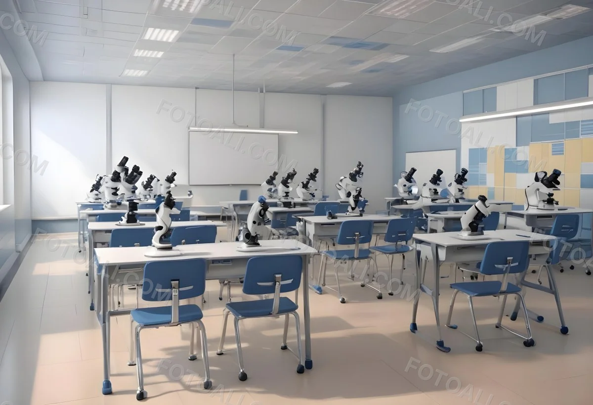 Classroom With Rows Of Blue And White Desks Each Equipped With A Microscope Arranged Neatly In A Bright Modern Classroom With Blue Walls And Tiled Flooring 37 9c05