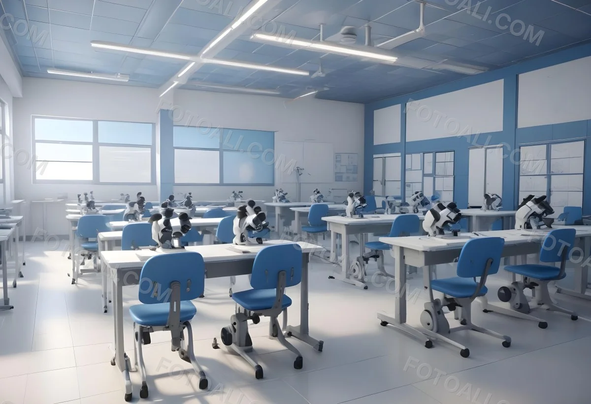 Classroom With Rows Of Blue And White Desks Each Equipped With A Microscope Arranged Neatly In A Bright Modern Classroom With Blue Walls And Tiled Flooring 4 F0d6