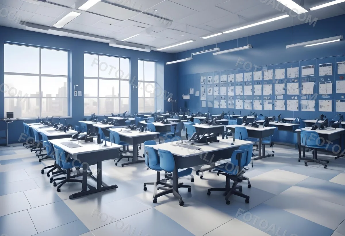 Classroom With Rows Of Blue And White Desks Each Equipped With A Microscope Arranged Neatly In A Bright Modern Classroom With Blue Walls And Tiled Flooring 5 3740
