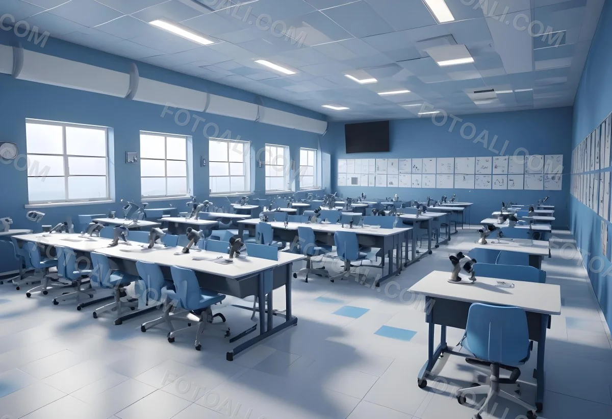 Classroom With Rows Of Blue And White Desks Each Equipped With A Microscope Arranged Neatly In A Bright Modern Classroom With Blue Walls And Tiled Flooring 8 F58f