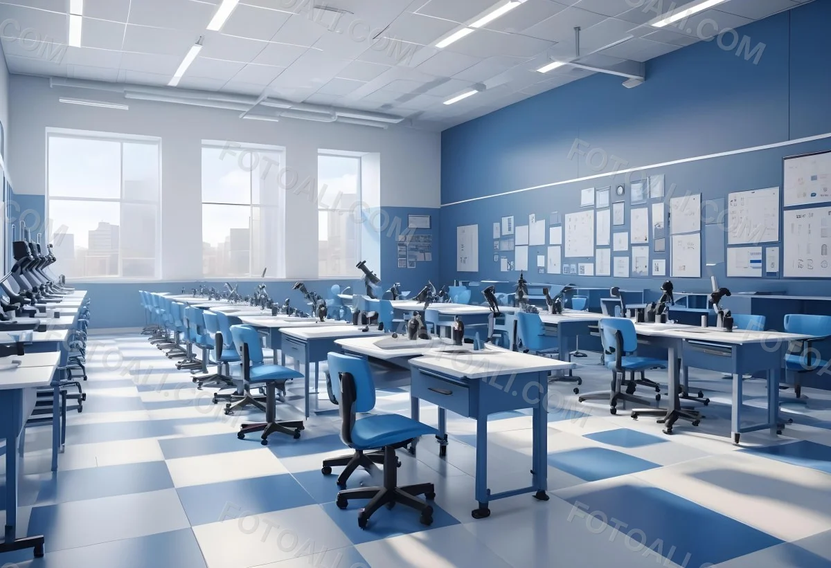 Classroom With Rows Of Blue And White Desks Each Equipped With A Microscope Arranged Neatly In A Bright Modern Classroom With Blue Walls And Tiled Flooring 9 5f98