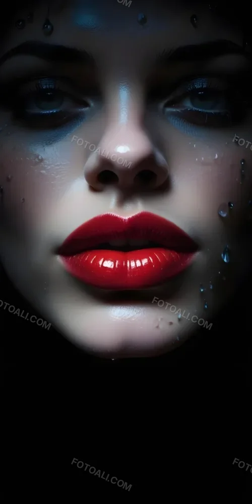 Close Up Of A Woman S Lips With Bold Red Lipstick Against A Dark Background With Water Droplets 13 D207