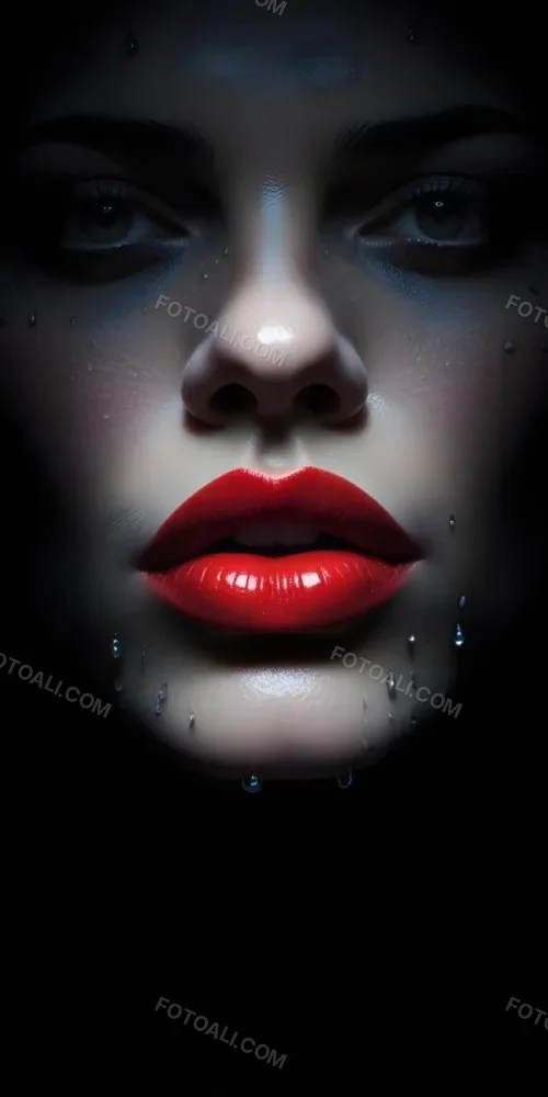 Close Up Of A Woman S Lips With Bold Red Lipstick Against A Dark Background With Water Droplets 4 32e2