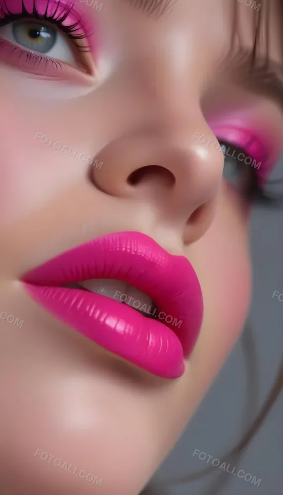 Close Up Of A Young Woman With Fair Skin And Glossy Pink Lips Her Eyes Are Accentuated With Bright Pink Eyeshadow And Her Eyelashes Are Long And Defined The Background Is Softly Blurred Focusing Attention On Her F 14 A91b