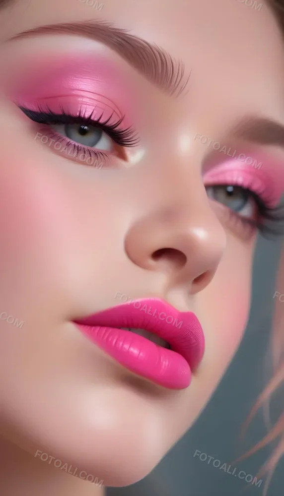 Close Up Of A Young Woman With Fair Skin And Glossy Pink Lips Her Eyes Are Accentuated With Bright Pink Eyeshadow And Her Eyelashes Are Long And Defined The Background Is Softly Blurred Focusing Attention On Her F 22 18f8