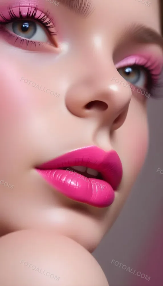 Close Up Of A Young Woman With Fair Skin And Glossy Pink Lips Her Eyes Are Accentuated With Bright Pink Eyeshadow And Her Eyelashes Are Long And Defined The Background Is Softly Blurred Focusing Attention On Her F 26 8d93