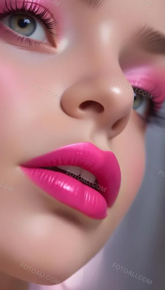 Close Up Of A Young Woman With Fair Skin And Glossy Pink Lips Her Eyes Are Accentuated With Bright Pink Eyeshadow And Her Eyelashes Are Long And Defined The Background Is Softly Blurred Focusing Attention On Her F 3 C6bf