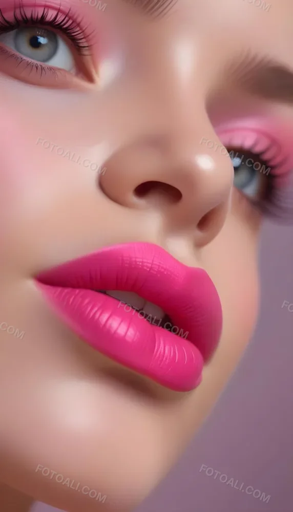 Close Up Of A Young Woman With Fair Skin And Glossy Pink Lips Her Eyes Are Accentuated With Bright Pink Eyeshadow And Her Eyelashes Are Long And Defined The Background Is Softly Blurred Focusing Attention On Her F 31 4e1c