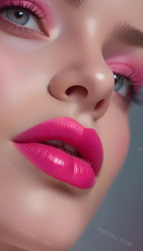 Close Up Of A Young Woman With Fair Skin And Glossy Pink Lips Her Eyes Are Accentuated With Bright Pink Eyeshadow And Her Eyelashes Are Long And Defined The Background Is Softly Blurred Focusing Attention On Her F 33 D56a