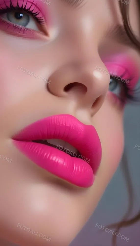 Close Up Of A Young Woman With Fair Skin And Glossy Pink Lips Her Eyes Are Accentuated With Bright Pink Eyeshadow And Her Eyelashes Are Long And Defined The Background Is Softly Blurred Focusing Attention On Her F 35 2186