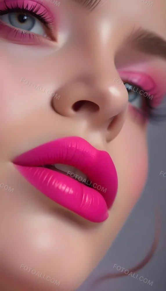 Close Up Of A Young Woman With Fair Skin And Glossy Pink Lips Her Eyes Are Accentuated With Bright Pink Eyeshadow And Her Eyelashes Are Long And Defined The Background Is Softly Blurred Focusing Attention On Her F 39 0fff
