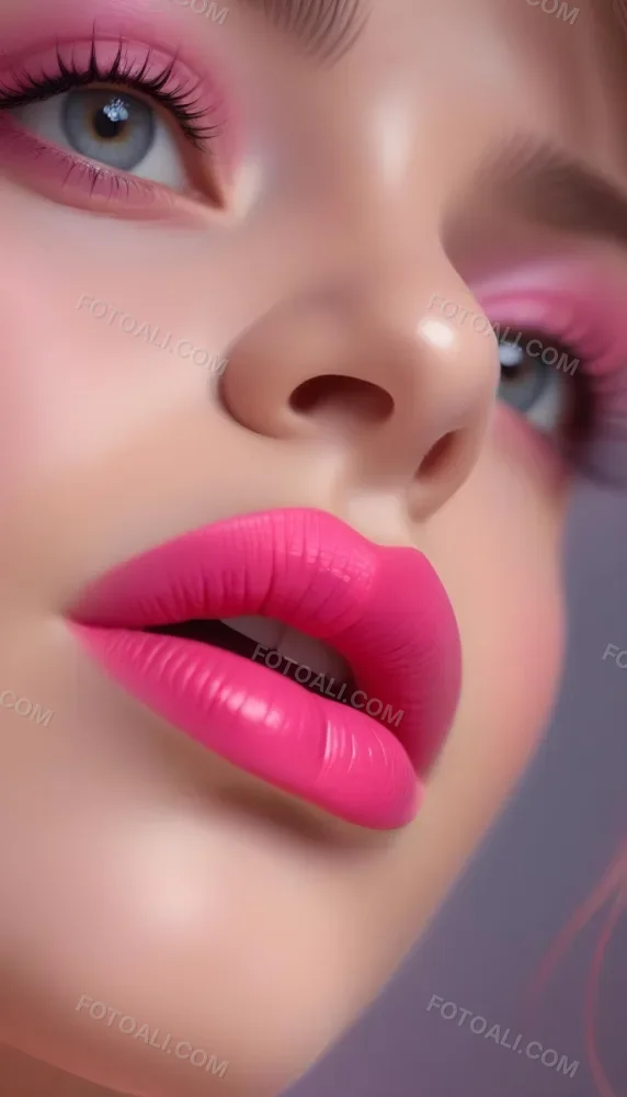 Close Up Of A Young Woman With Fair Skin And Glossy Pink Lips Her Eyes Are Accentuated With Bright Pink Eyeshadow And Her Eyelashes Are Long And Defined The Background Is Softly Blurred Focusing Attention On Her F 40 12e9