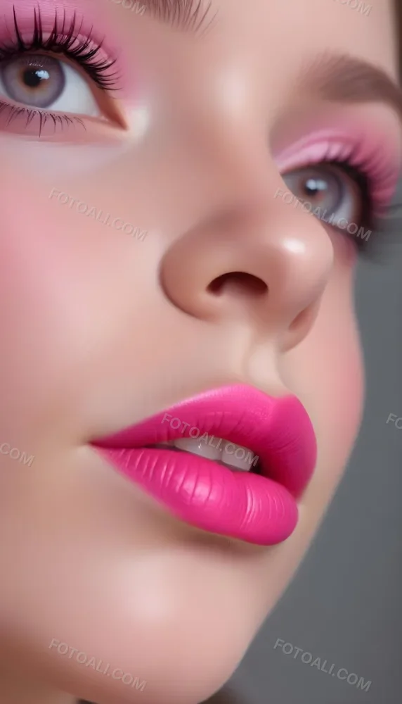 Close Up Of A Young Woman With Fair Skin And Glossy Pink Lips Her Eyes Are Accentuated With Bright Pink Eyeshadow And Her Eyelashes Are Long And Defined The Background Is Softly Blurred Focusing Attention On Her F 41 Ecc7