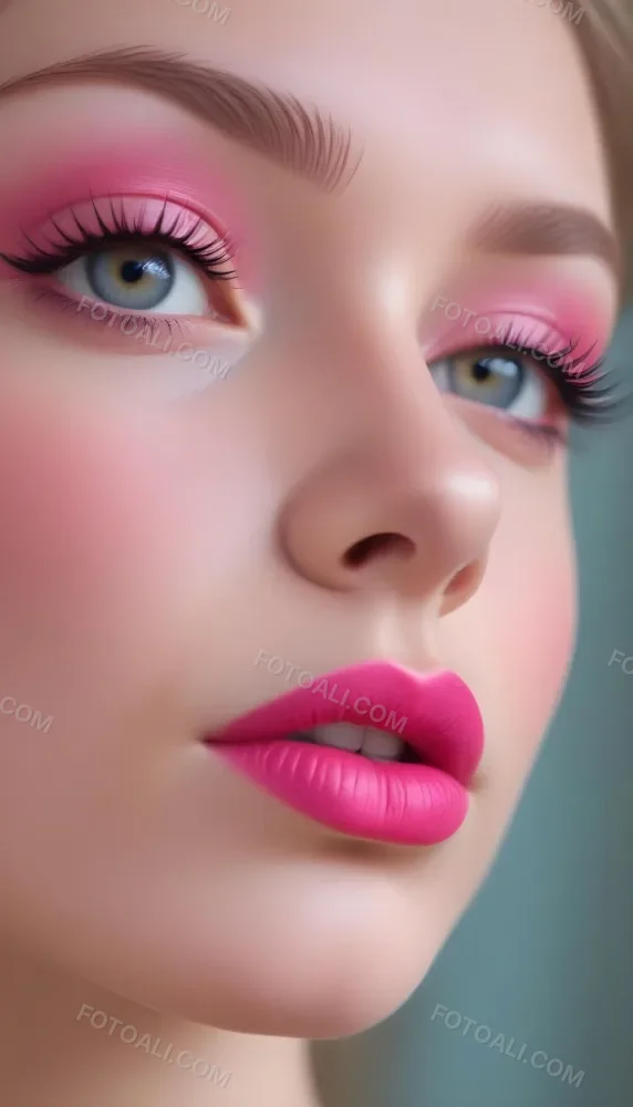 Close Up Of A Young Woman With Fair Skin And Glossy Pink Lips Her Eyes Are Accentuated With Bright Pink Eyeshadow And Her Eyelashes Are Long And Defined The Background Is Softly Blurred Focusing Attention On Her F 43 Dc83