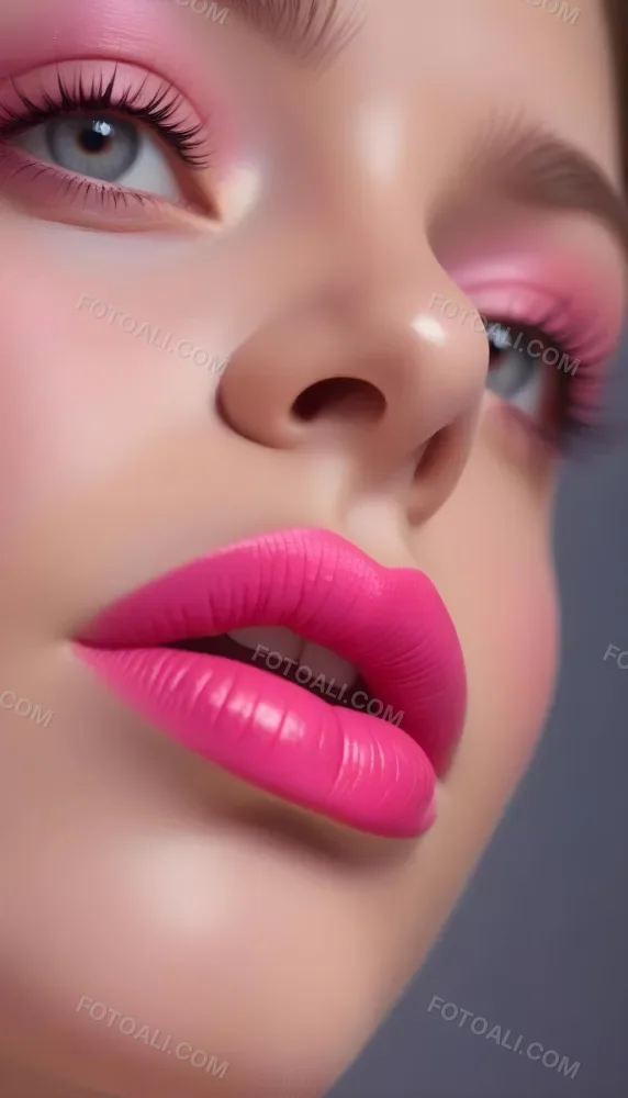Close Up Of A Young Woman With Fair Skin And Glossy Pink Lips Her Eyes Are Accentuated With Bright Pink Eyeshadow And Her Eyelashes Are Long And Defined The Background Is Softly Blurred Focusing Attention On Her F 44 930a