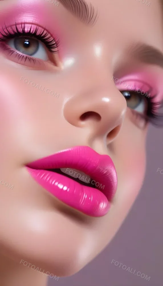 Close Up Of A Young Woman With Fair Skin And Glossy Pink Lips Her Eyes Are Accentuated With Bright Pink Eyeshadow And Her Eyelashes Are Long And Defined The Background Is Softly Blurred Focusing Attention On Her F 45 7f5a