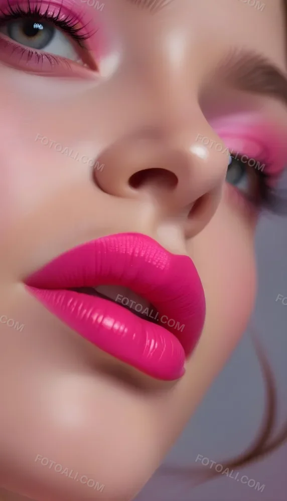 Close Up Of A Young Woman With Fair Skin And Glossy Pink Lips Her Eyes Are Accentuated With Bright Pink Eyeshadow And Her Eyelashes Are Long And Defined The Background Is Softly Blurred Focusing Attention On Her F 48 3dc2
