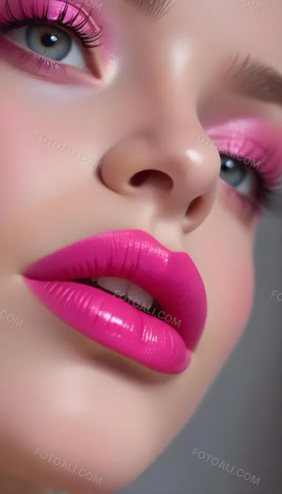 Close Up Of A Young Woman With Fair Skin And Glossy Pink Lips Her Eyes Are Accentuated With Bright Pink Eyeshadow And Her Eyelashes Are Long And Defined The Background Is Softly Blurred Focusing Attention On Her F 5 Cf8c