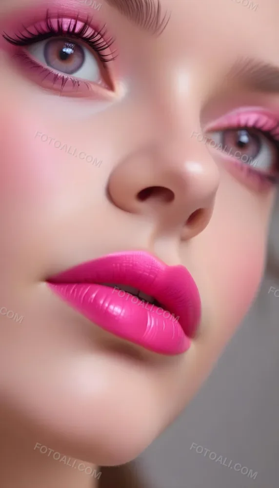 Close Up Of A Young Woman With Fair Skin And Glossy Pink Lips Her Eyes Are Accentuated With Bright Pink Eyeshadow And Her Eyelashes Are Long And Defined The Background Is Softly Blurred Focusing Attention On Her F 8 C598