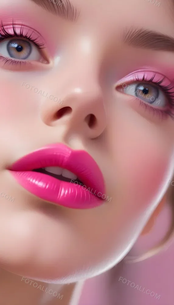 Close Up Of A Young Woman With Fair Skin And Glossy Pink Lips Her Eyes Are Accentuated With Bright Pink Eyeshadow And Her Eyelashes Are Long And Defined The Background Is Softly Blurred Focusing Attention On Her F 9 B8af