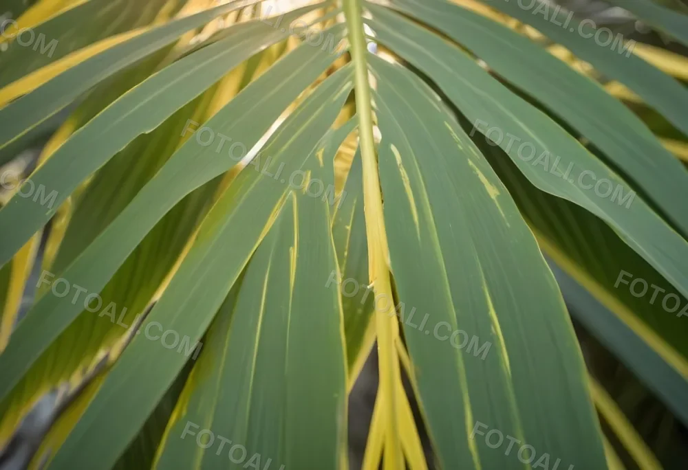 Close Up Of Green Palm Leaves With A Symmetrical Pattern Featuring Yellow Palm Leaves With Asymmetrical Patterns Set Against A Sunset 1 9cd5