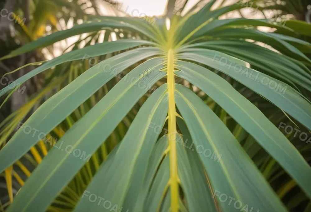 Close Up Of Green Palm Leaves With A Symmetrical Pattern Featuring Yellow Palm Leaves With Asymmetrical Patterns Set Against A Sunset 11 Ca31