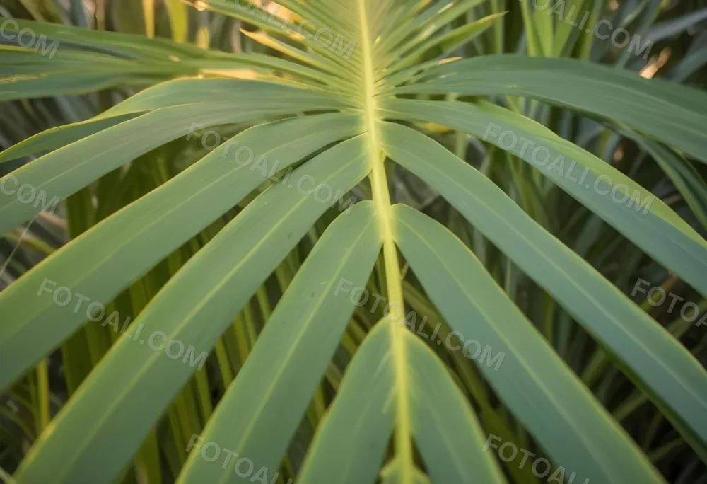 Close Up Of Green Palm Leaves With A Symmetrical Pattern Featuring Yellow Palm Leaves With Asymmetrical Patterns Set Against A Sunset 14 F217