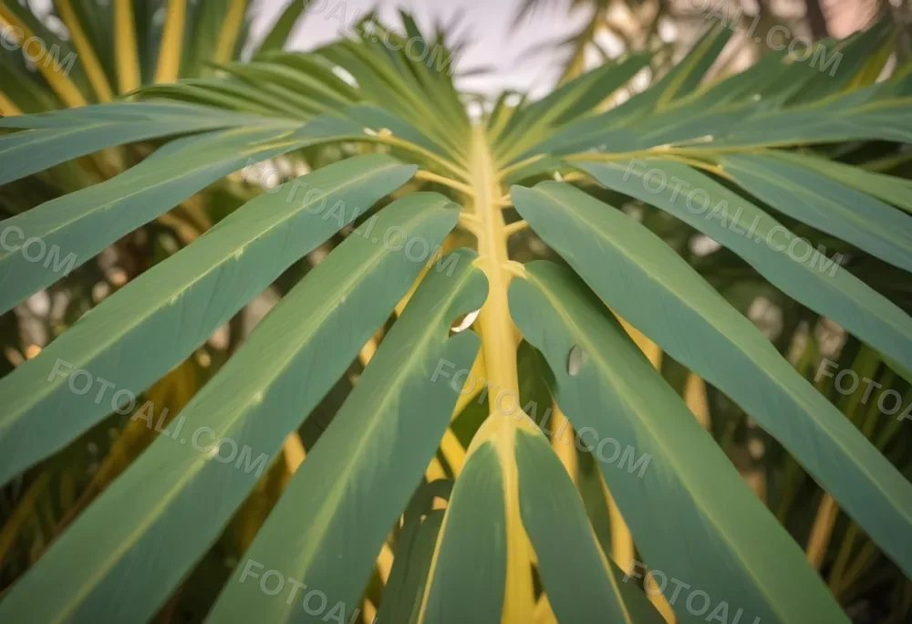 Close Up Of Green Palm Leaves With A Symmetrical Pattern Featuring Yellow Palm Leaves With Asymmetrical Patterns Set Against A Sunset 15 854e