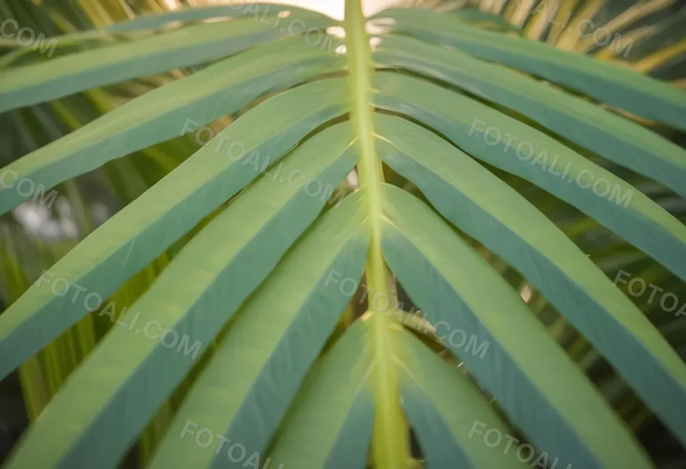 Close Up Of Green Palm Leaves With A Symmetrical Pattern Featuring Yellow Palm Leaves With Asymmetrical Patterns Set Against A Sunset 4 49c5