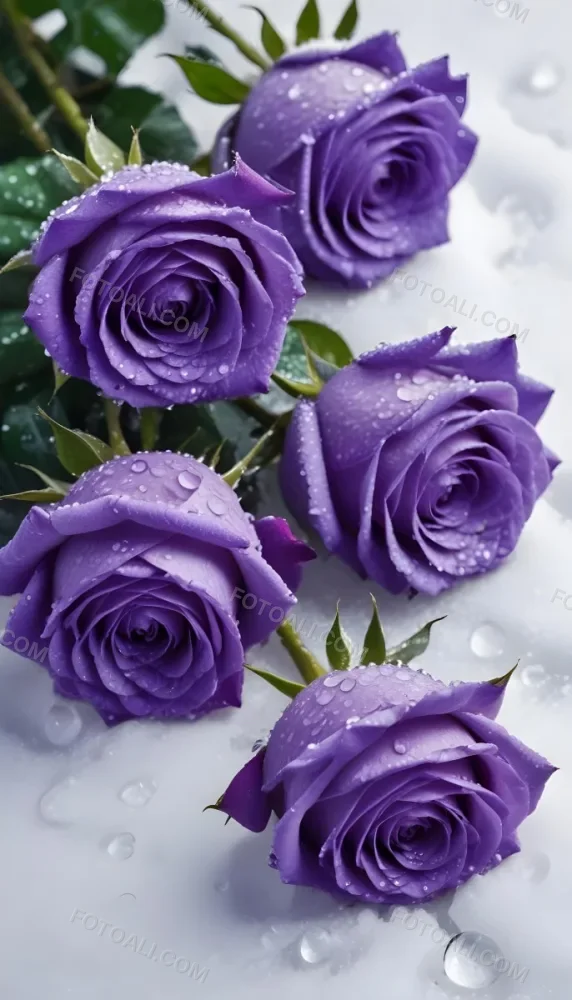 Close Up Of Several Purple Roses Covered In Water Droplets On A Snowy Background 11 E7a5