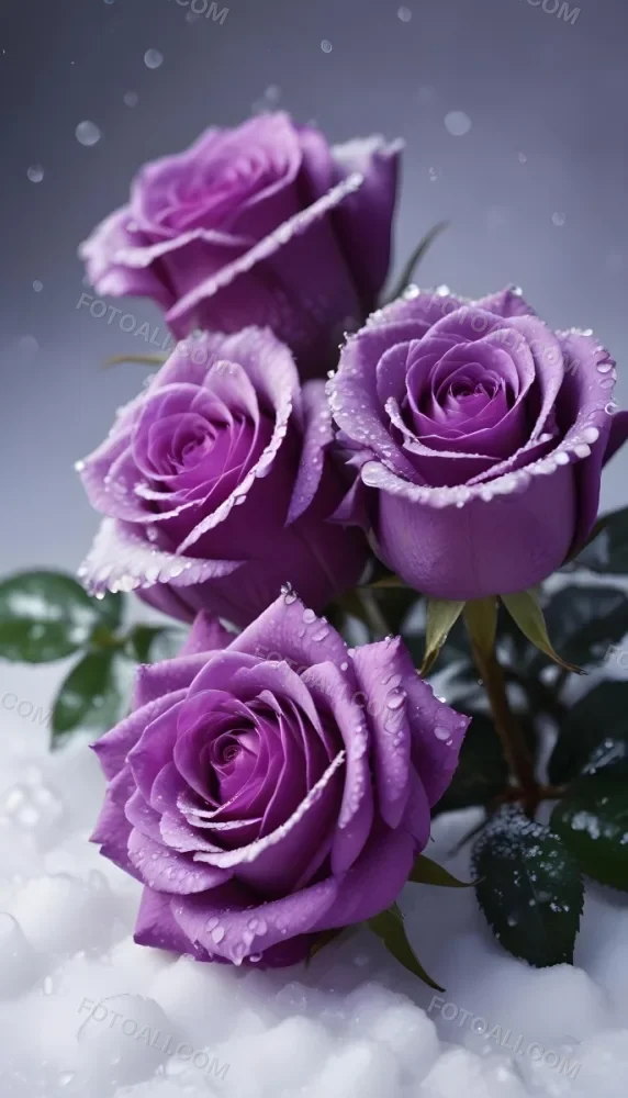 Close Up Of Several Purple Roses Covered In Water Droplets On A Snowy Background 12 A65c