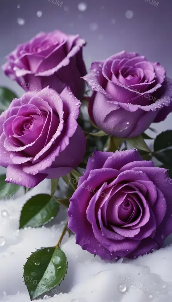 Close Up Of Several Purple Roses Covered In Water Droplets On A Snowy Background 13 Cc11