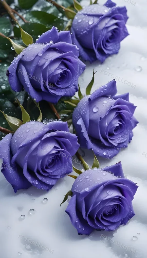 Close Up Of Several Purple Roses Covered In Water Droplets On A Snowy Background 16 Bba1