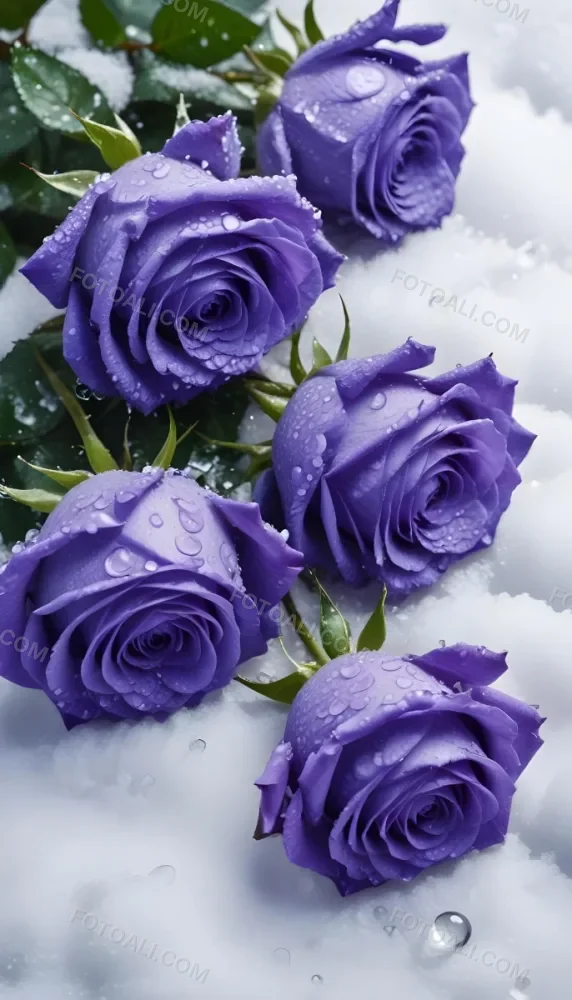 Close Up Of Several Purple Roses Covered In Water Droplets On A Snowy Background 17 8195
