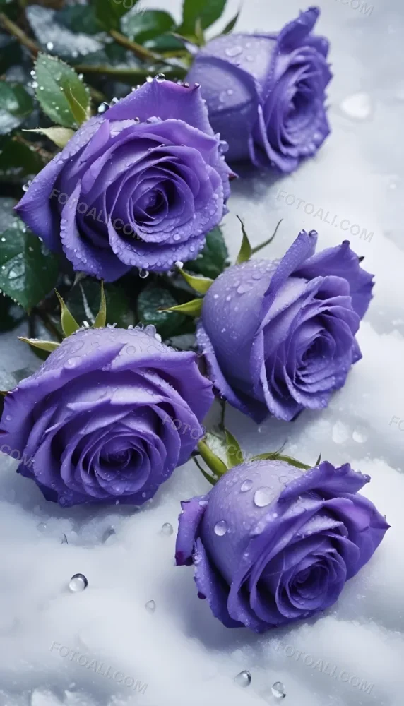 Close Up Of Several Purple Roses Covered In Water Droplets On A Snowy Background 18 1f4e