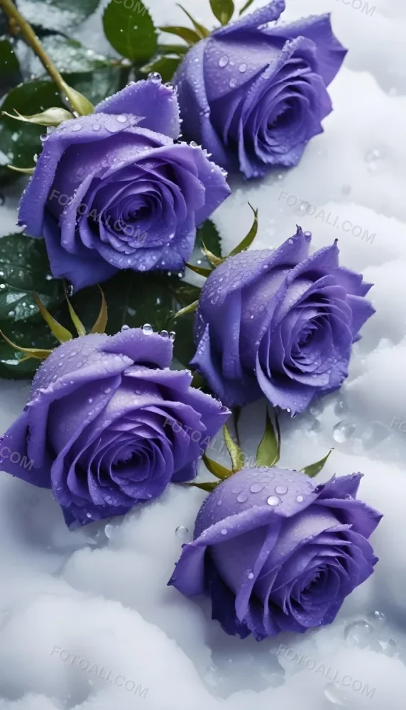 Close Up Of Several Purple Roses Covered In Water Droplets On A Snowy Background 21 15a3