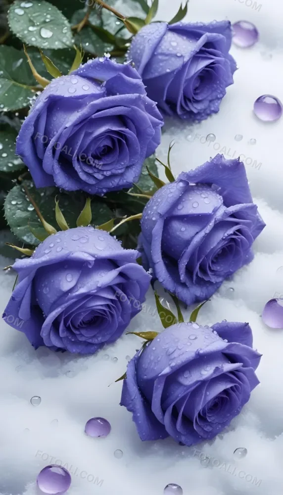 Close Up Of Several Purple Roses Covered In Water Droplets On A Snowy Background 24 37e1