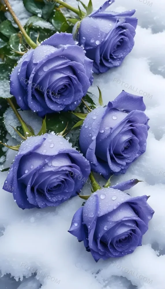 Close Up Of Several Purple Roses Covered In Water Droplets On A Snowy Background 29 93ab